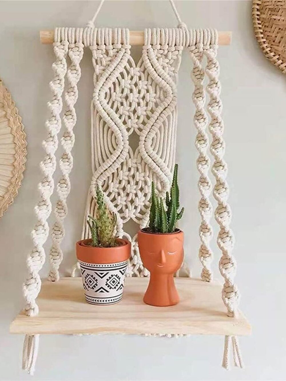 Macrame Wall Hanging Plant Decor Shelf Indoor Outdoor Floating Wood shelve Decor